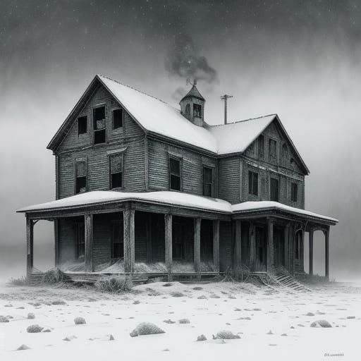 Frigid post-apocalyptic monochromatic bleak winter covering a formerly thriving farm. H.R. Giger pointillism ⚛️🌬️❄️🥶🏚...