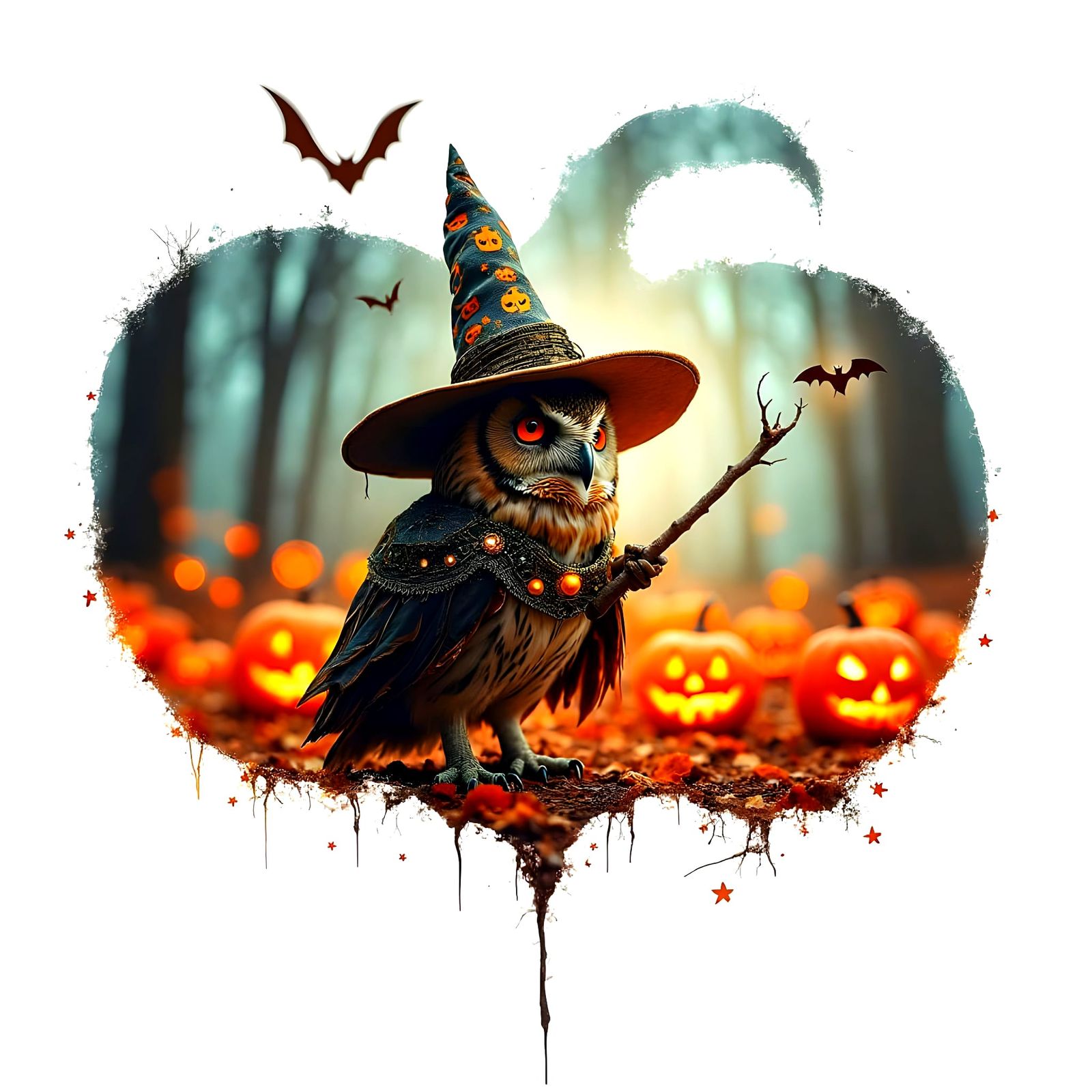 Halloween Owl Wizard Casting Spells in Magical Forest