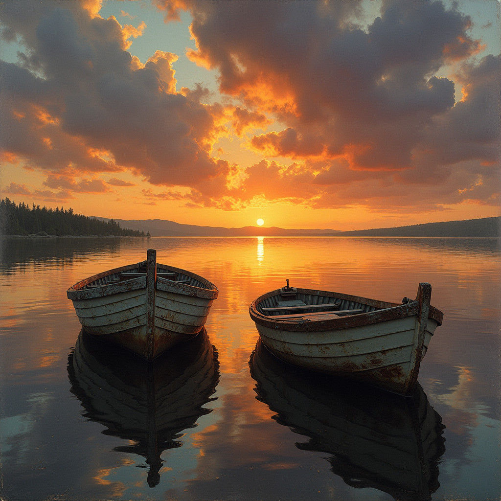 Tranquil Sunset Scene with Weathered Boats