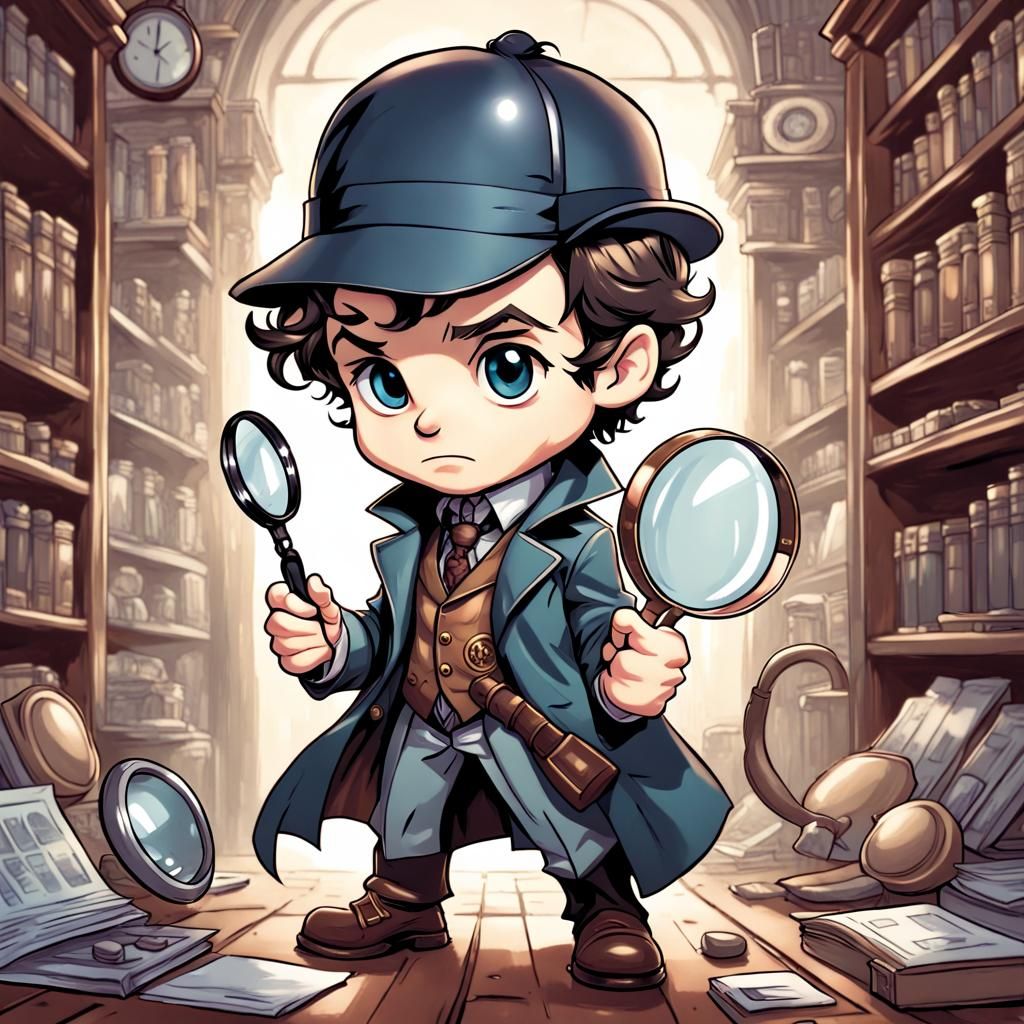 Chibi Sherlock Holmes with Magnifying Glass in Comic Art