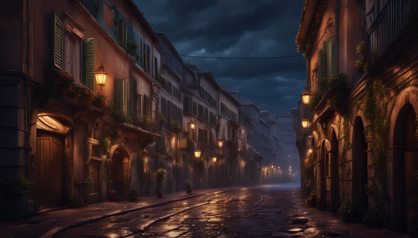 Nice Street at Night: Detailed Matte Painting