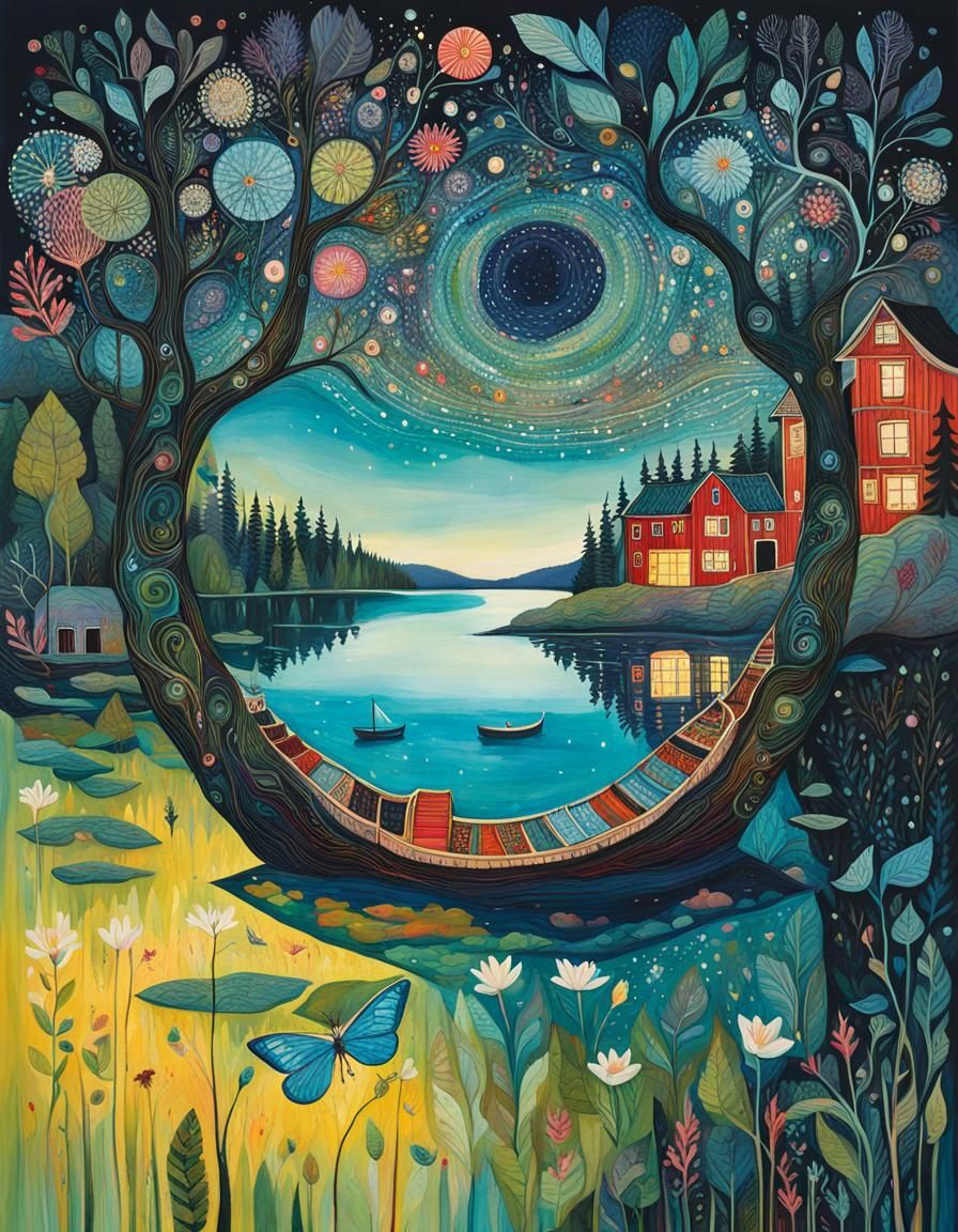 Swedish Lake Midsummer Night Art Brut Illustration