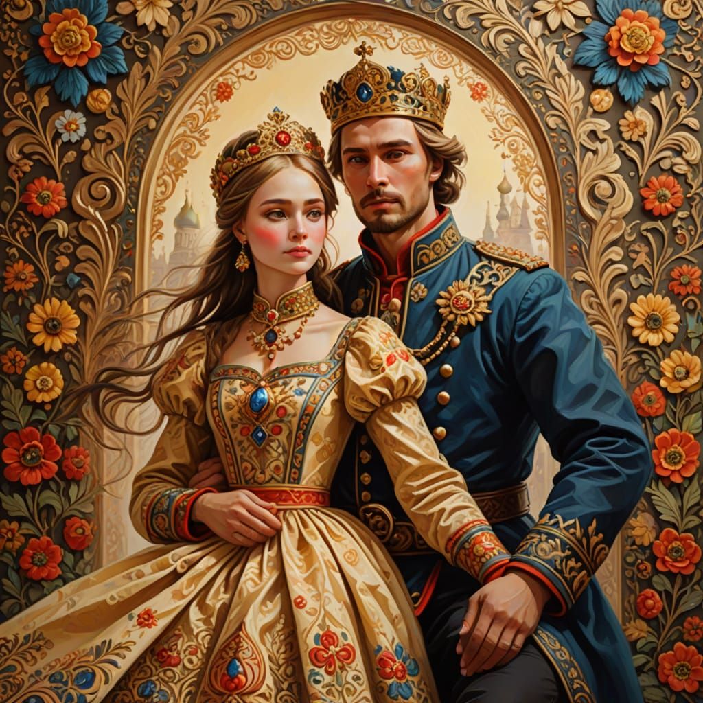 Golden King's Son Descends with Princess in Whimsical Russia...