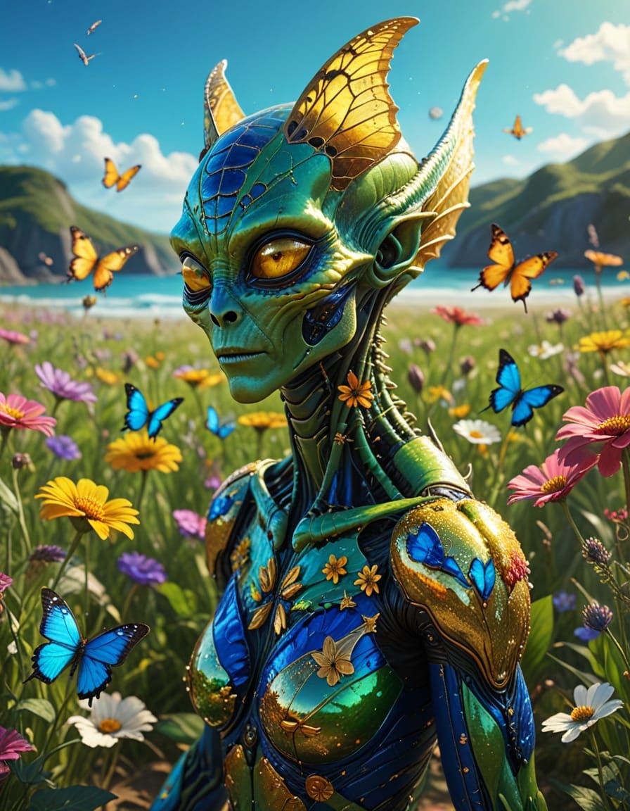 Alien Enjoys Beach Holiday in Flower Meadow