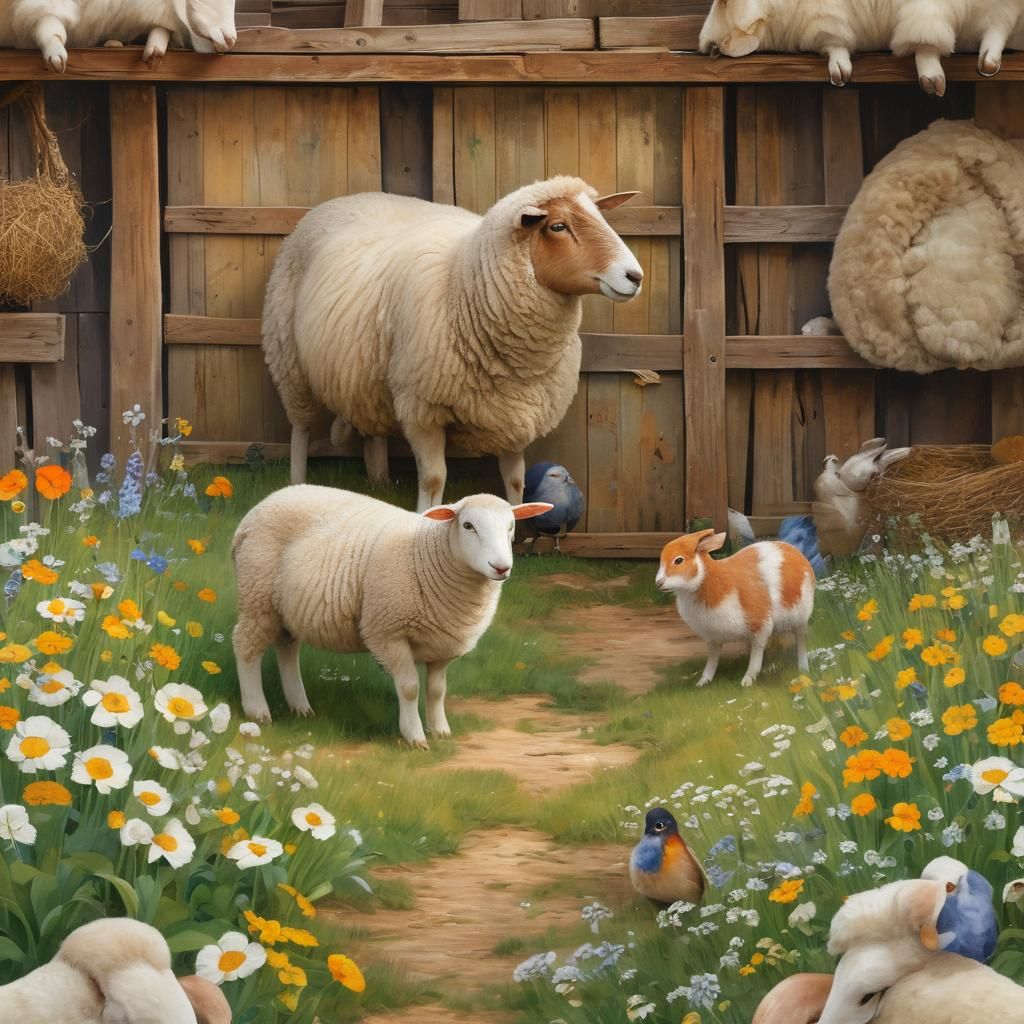 Sheep, Rabbit, and Bird Barn Scene in Klimt Style