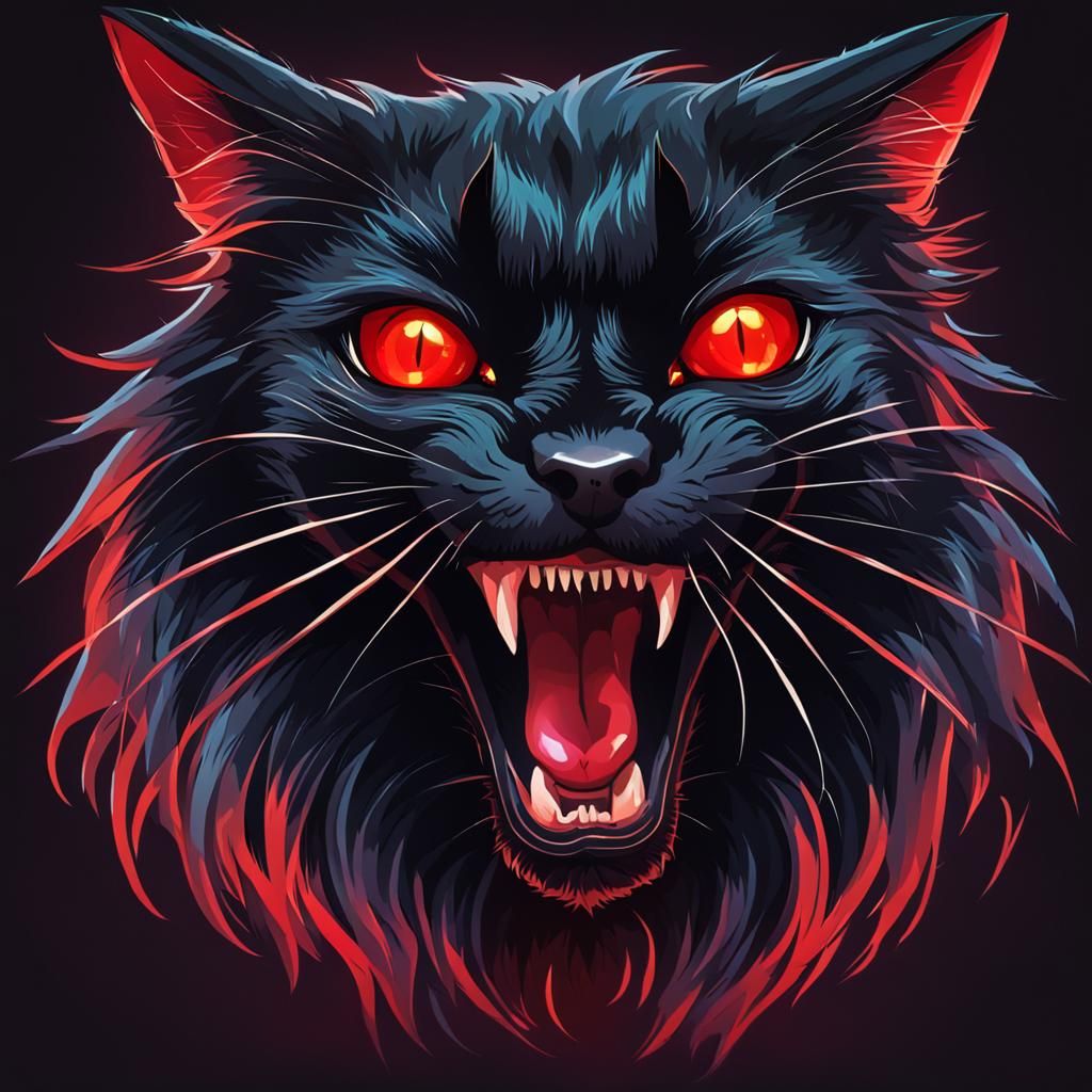 A very scary black cat, red eyes, open mouth revealing sharp...