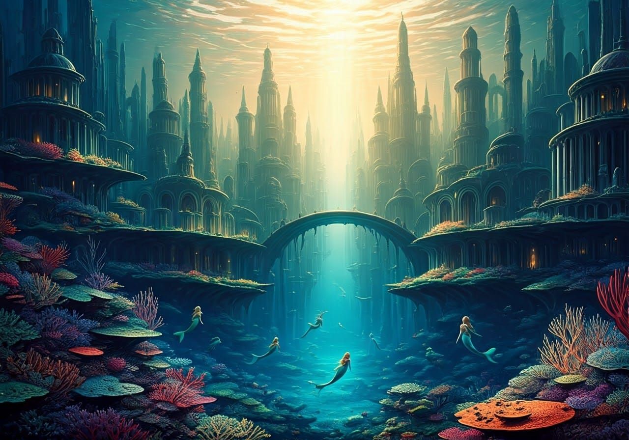 Underwater Metropolis in Vibrant, Golden Light