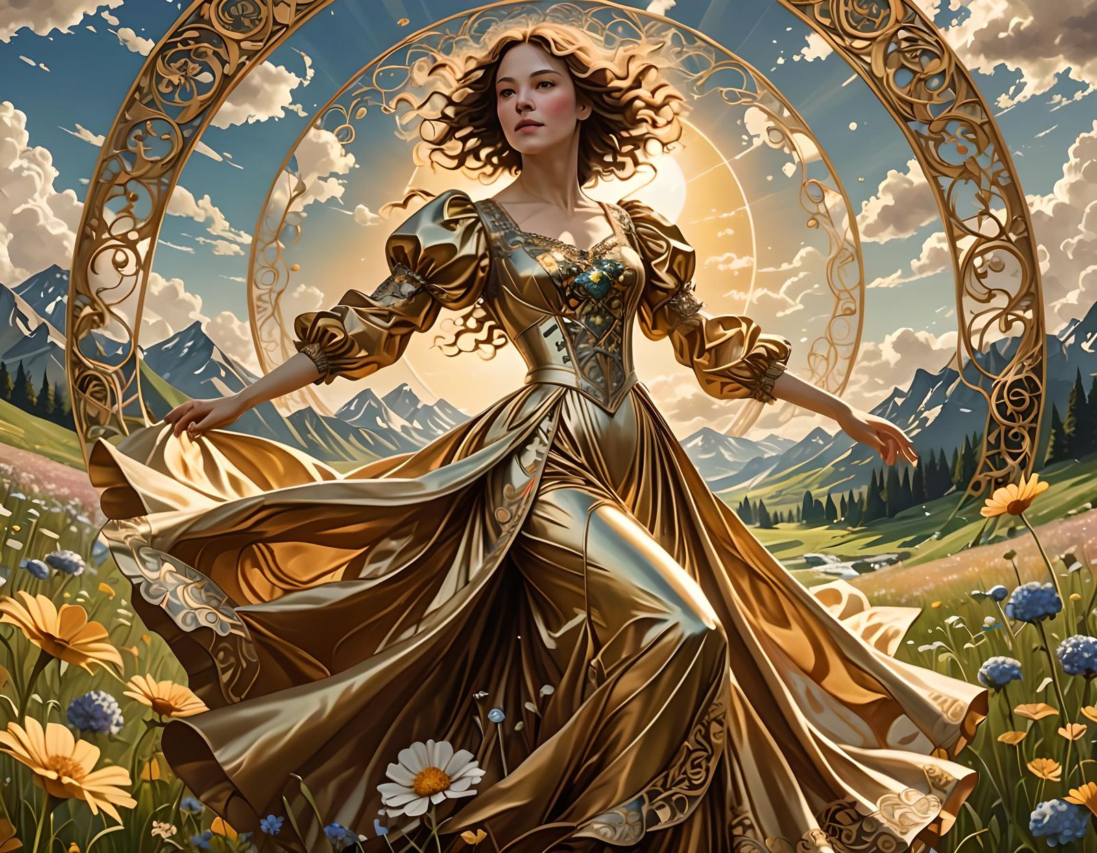 Woman Dancing in Meadow: Art Nouveau Style