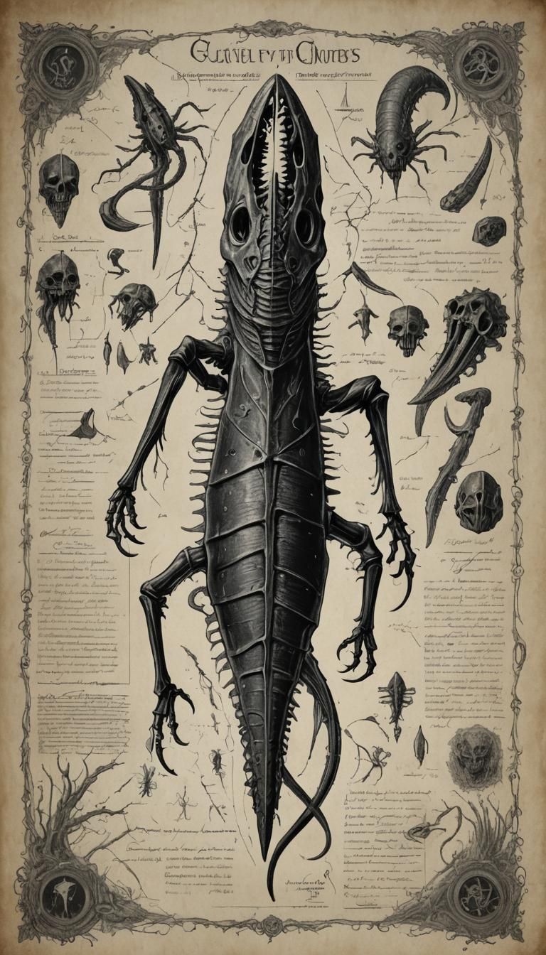 Anatomical Blueprint of Insectoid Horror in Black and White