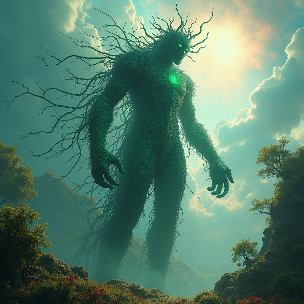 Mystical Wicker Man in Dreamlike Landscape