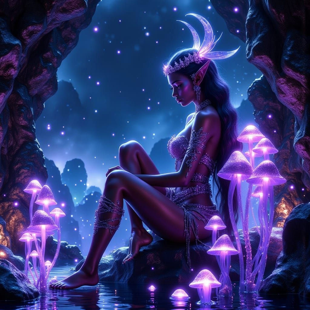 Mystical Dark Elf in Cave of Violet Bioluminescence