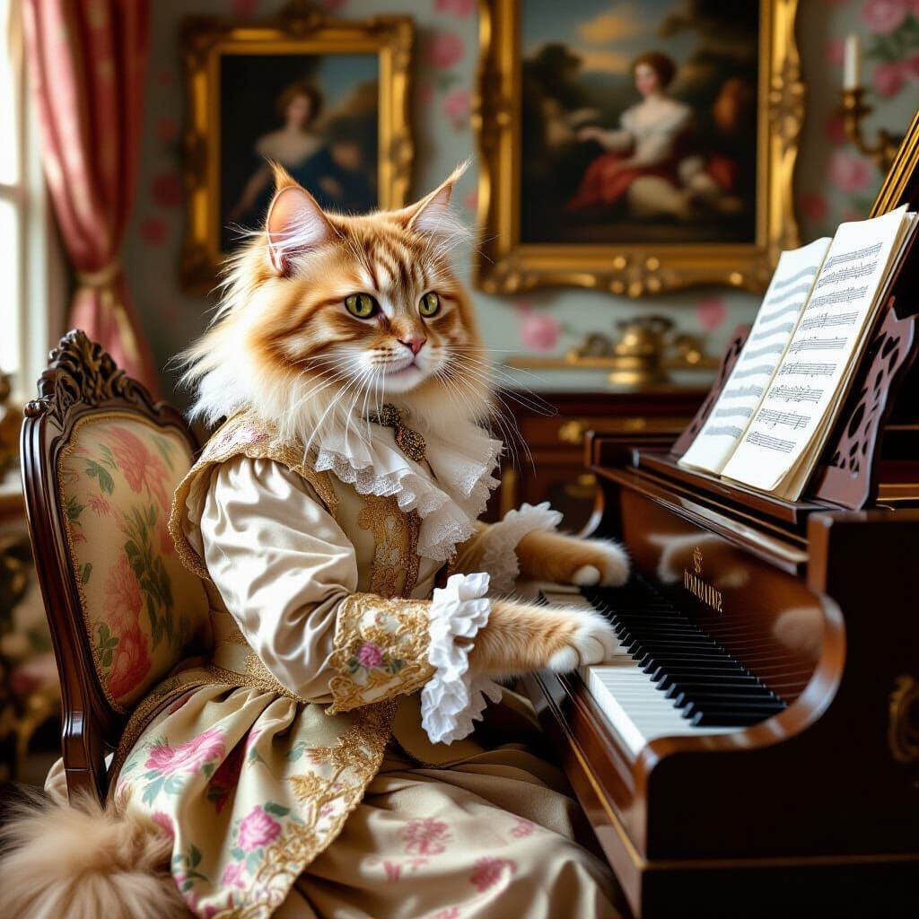 Ginger Cat Plays Harpsichord in Rococo Style
