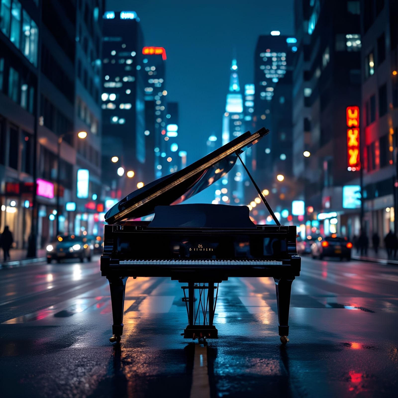 Piano in City at Night: Cinematic Film Still