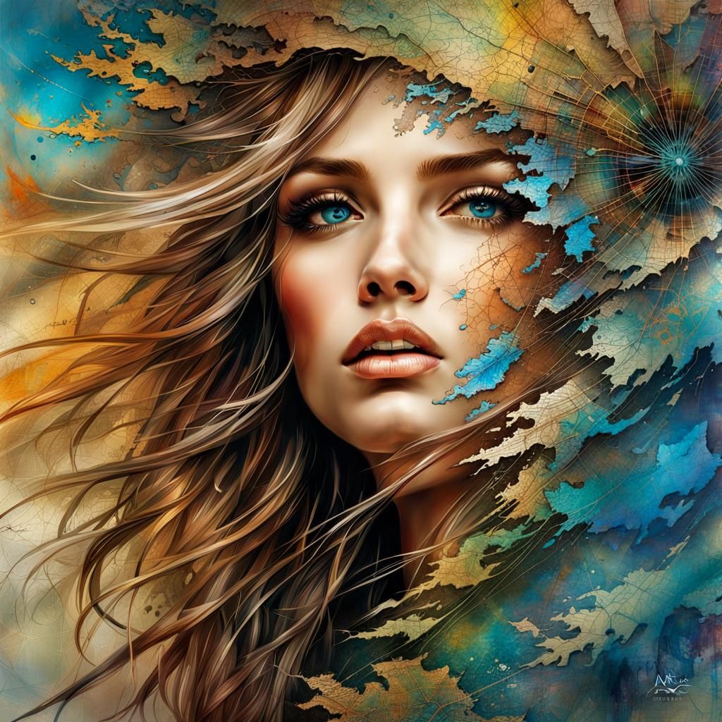 Detailed Wind Face on Old Map in Metallic Colors