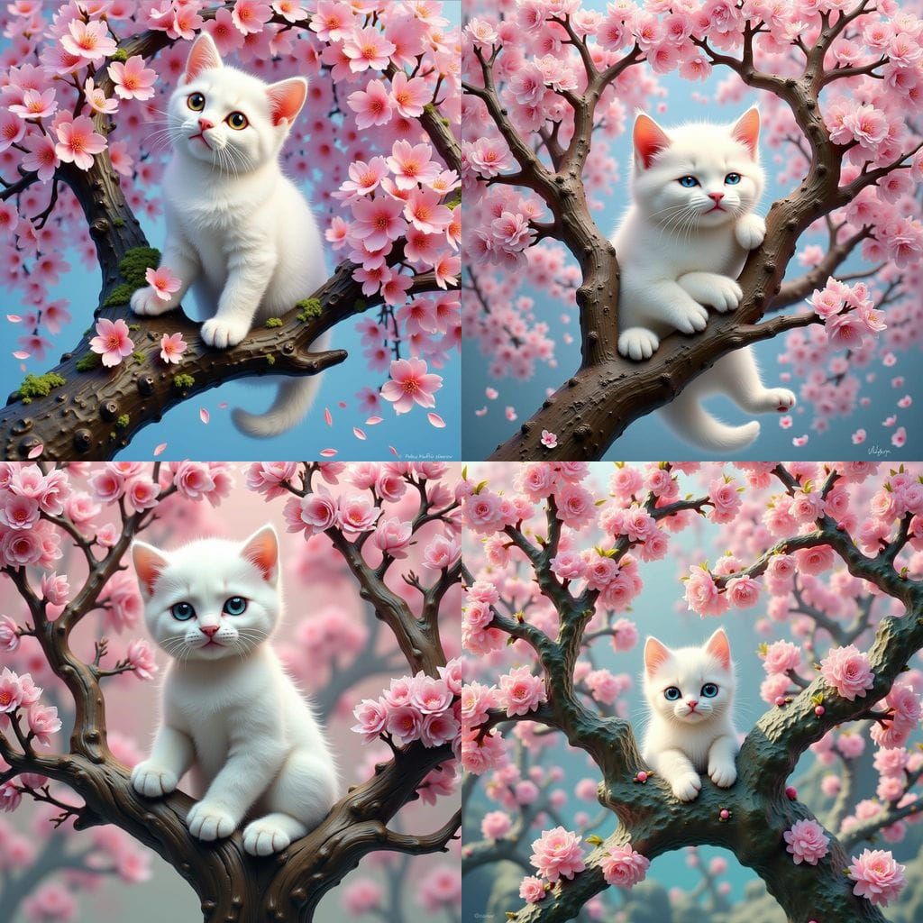 Whimsical White Kitten Amidst Cherry Blossoms in Traditional...