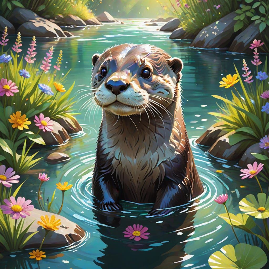 Sleek Otter in Lush Stream Landscape