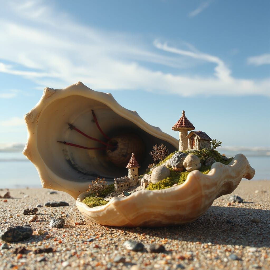 A miniature fantasy world inside a large whelk lying on a beach.