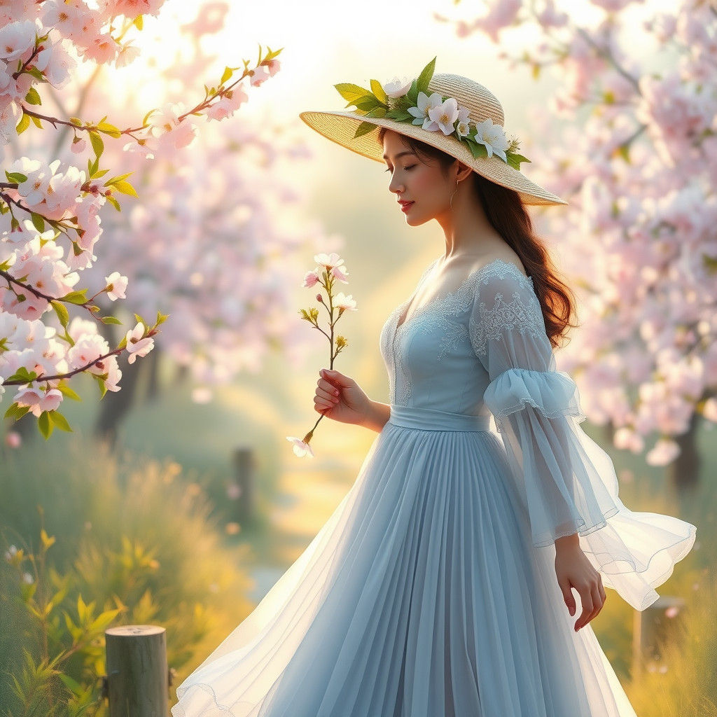 Elegant Lady in Cherry Blossom Grove, Impressionistic Style