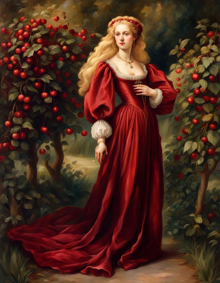 Renaissance Woman in Red Silk Dress in Cherry Garden
