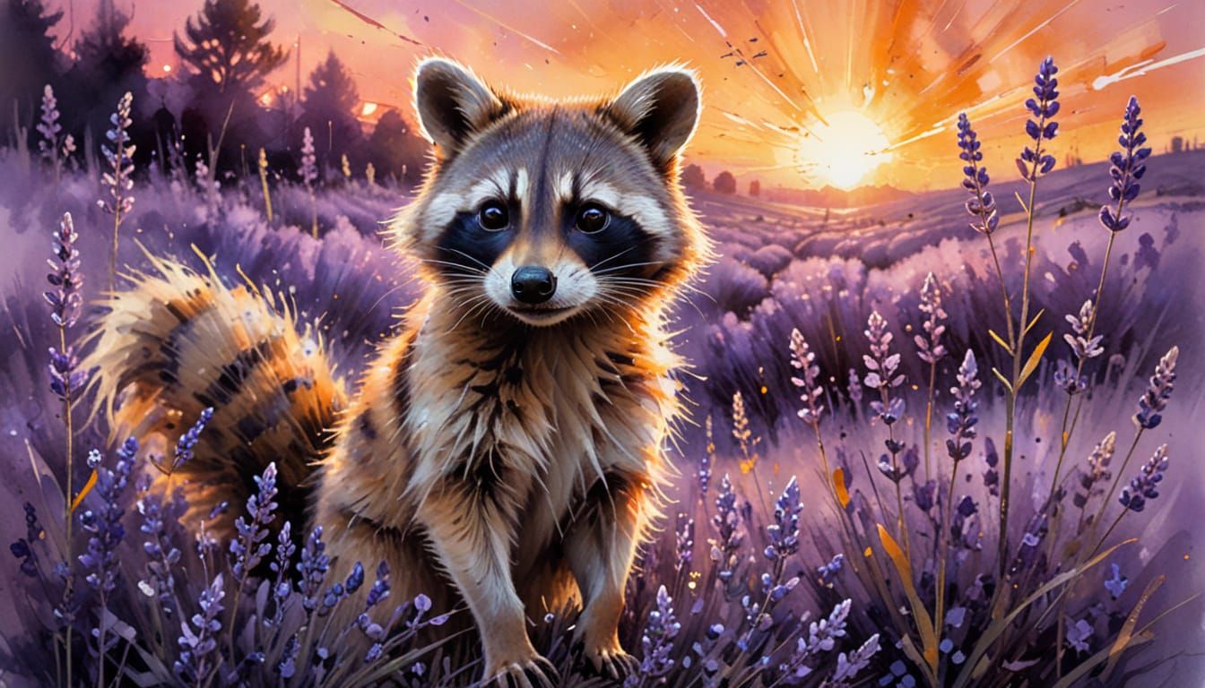 Very rare in the animal kingdom: a raccoon under twilight lavender fields. Willem Haenraets style. Medium shot. Sunset s...