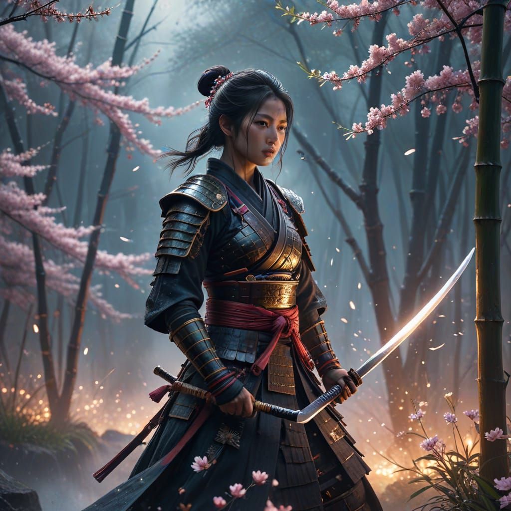 South Asian Warrior in Samurai Armor with Glowing Katana