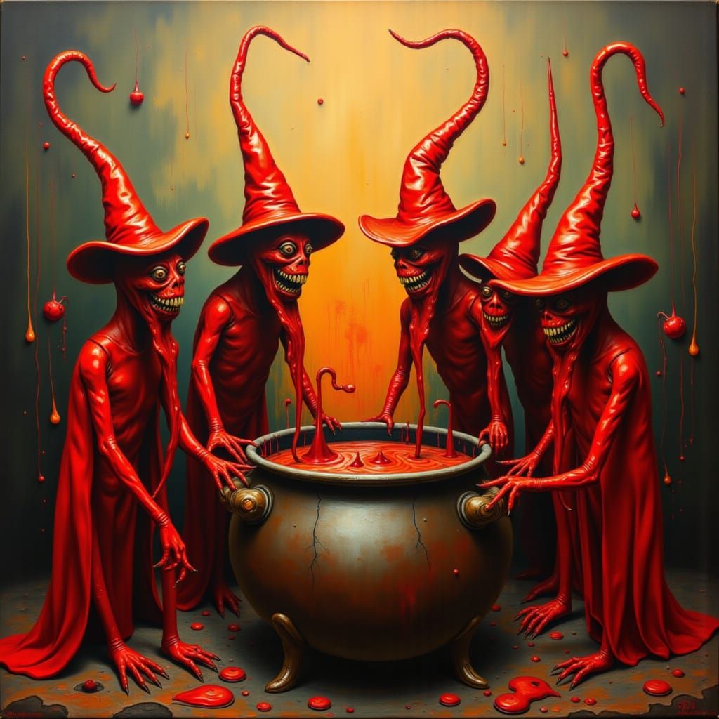 Beautiful Red Witches Around a Bubbling Cauldron