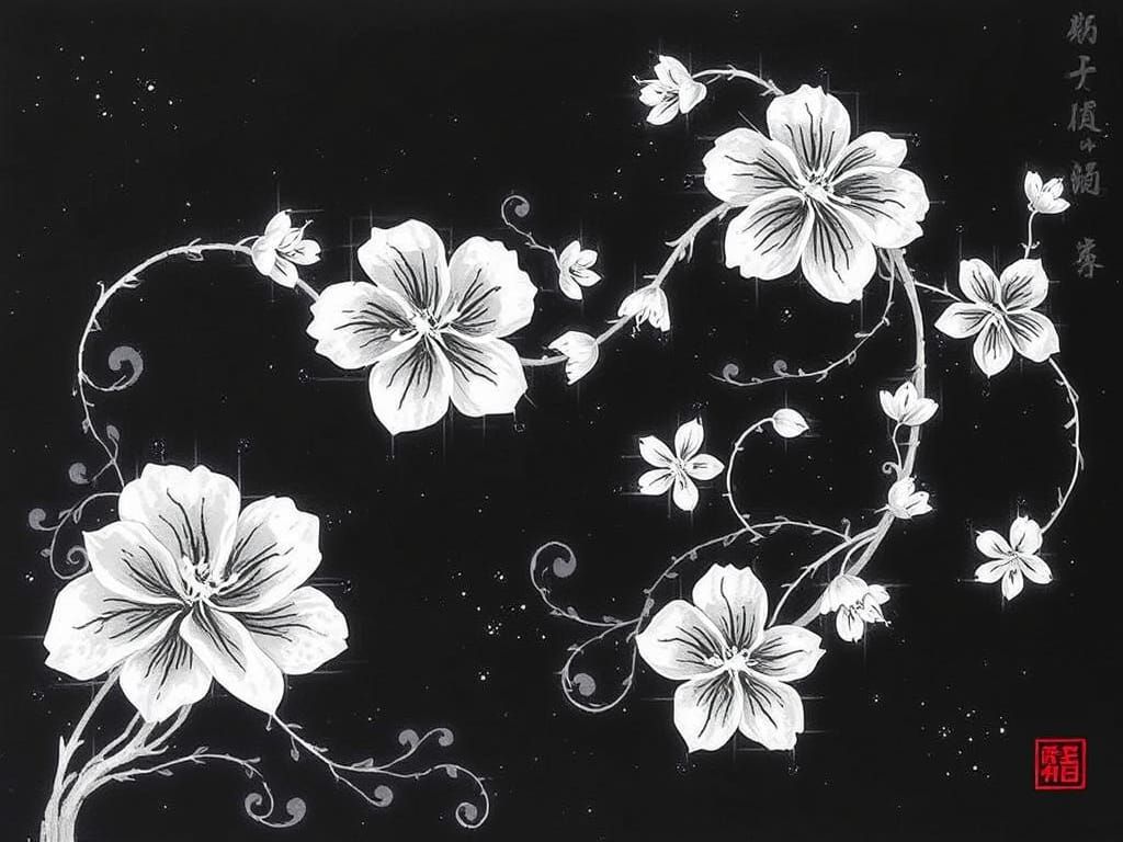 Delicate Floral Motifs in Traditional Japanese Ink Art