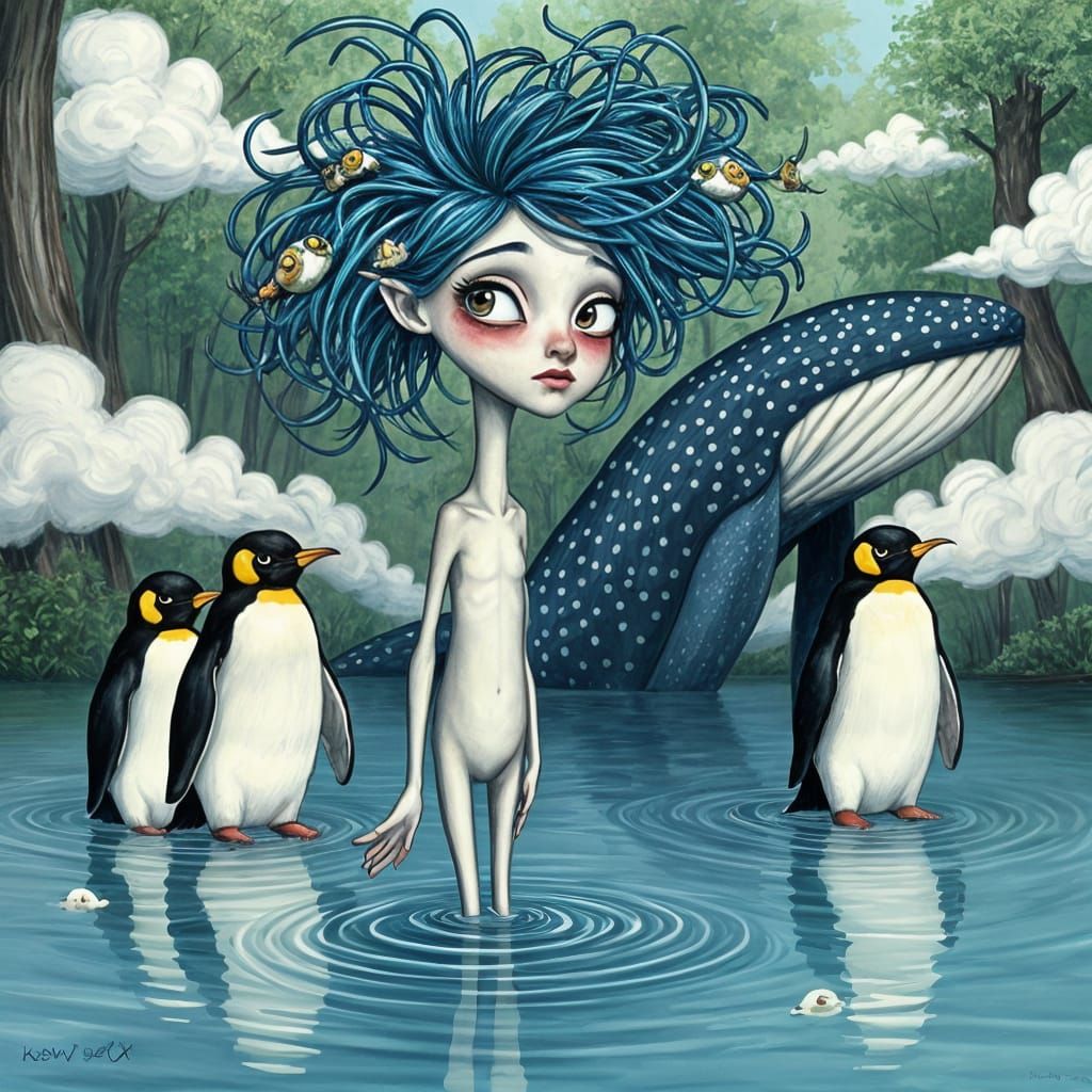 Whimsical Girl Swims with Friends in Forest Lake