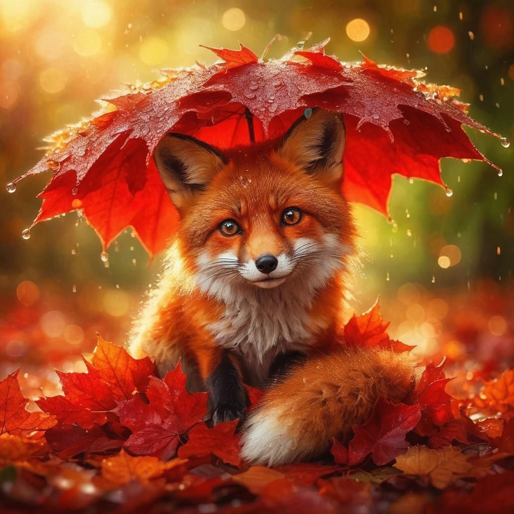 Autumnal Fox Under Leaf Umbrella: Digital Art