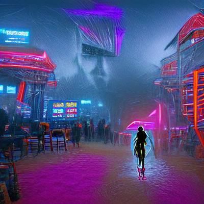 Cyberpunk Illusion: Lonely Figure in Neon Cityscape