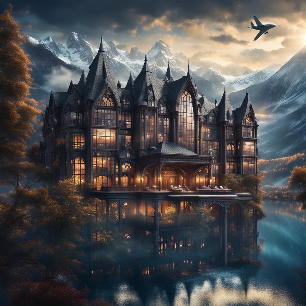 Gothic Hotel by the Lake: Digital Matte Painting