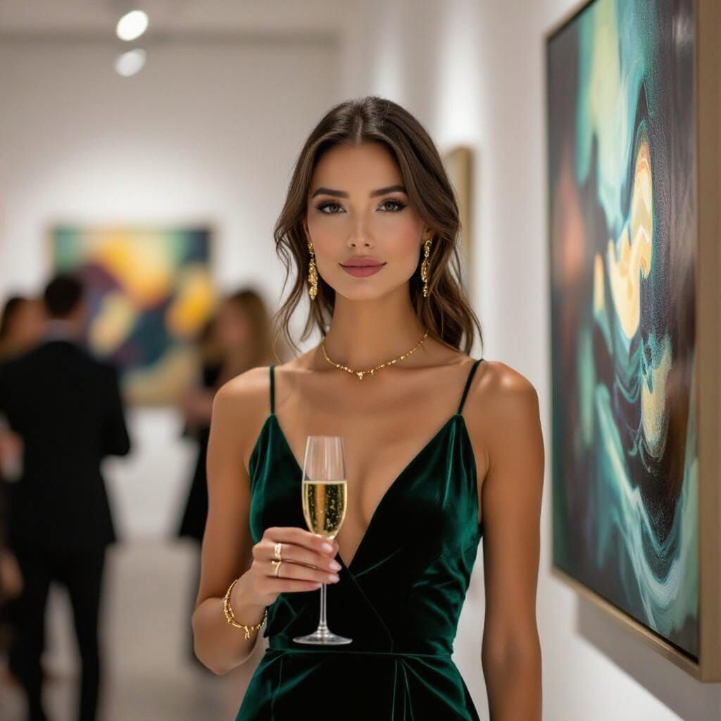 Elegant Woman at Art Gallery Opening with Champagne