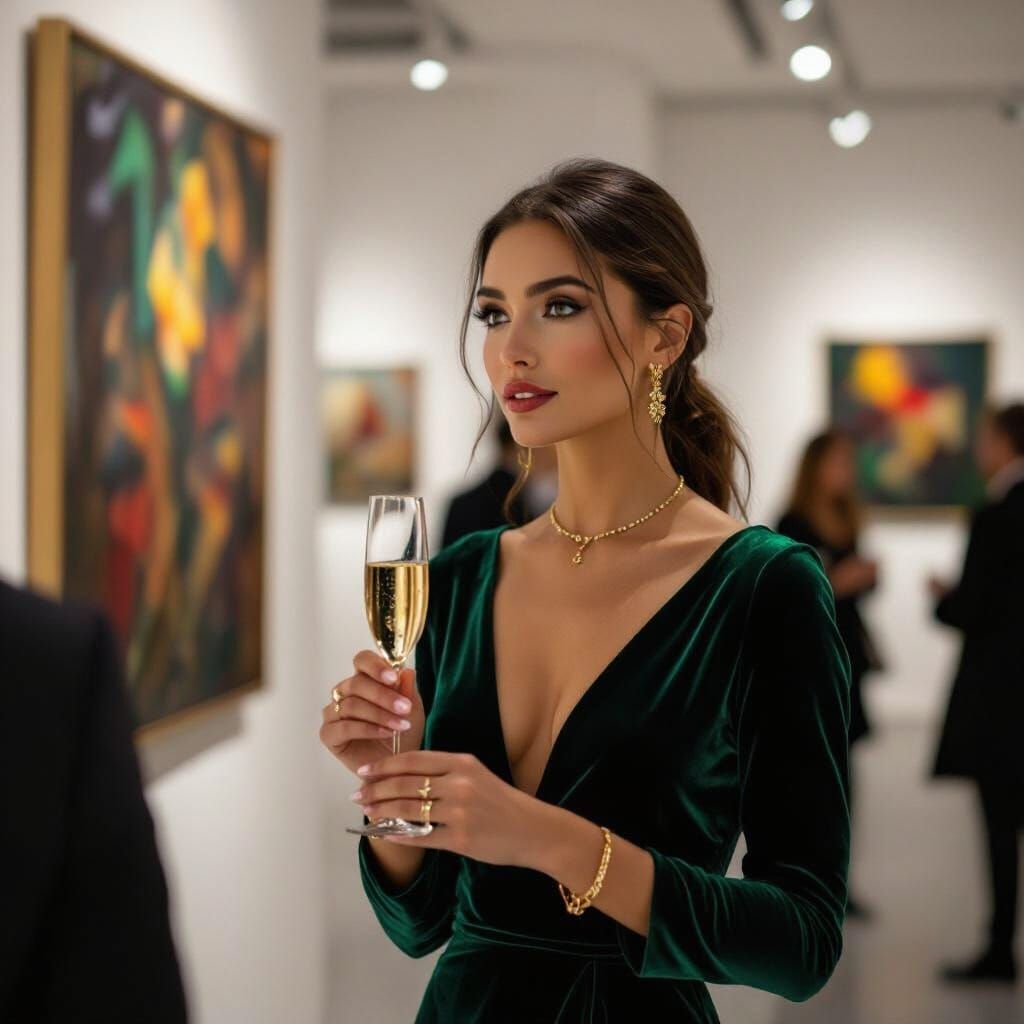Elegant Woman at Art Gallery Opening in Emerald Dress