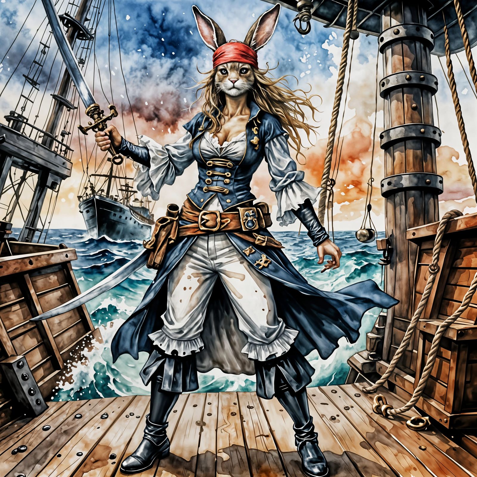 Fierce Furry Bunny Pirate on Ship, Watercolor Style