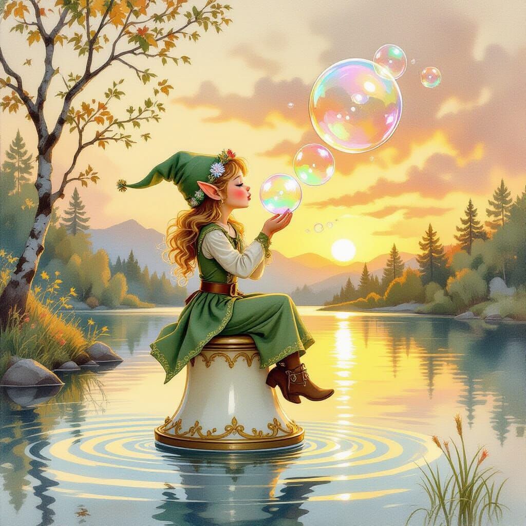 Elf on Soap Bubble Blowing Bubbles, Watercolor Art