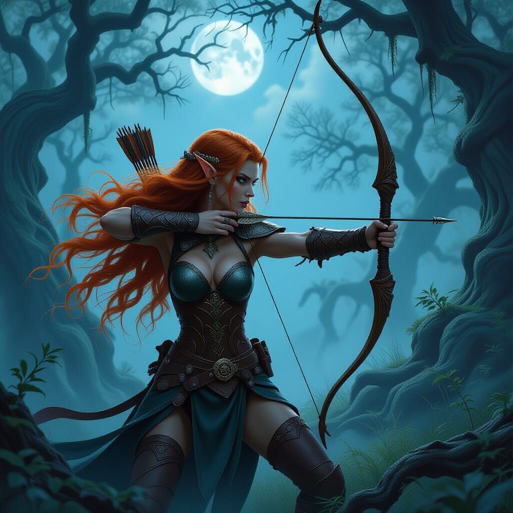 Elven Huntress in Moonlit Forest Clearing
