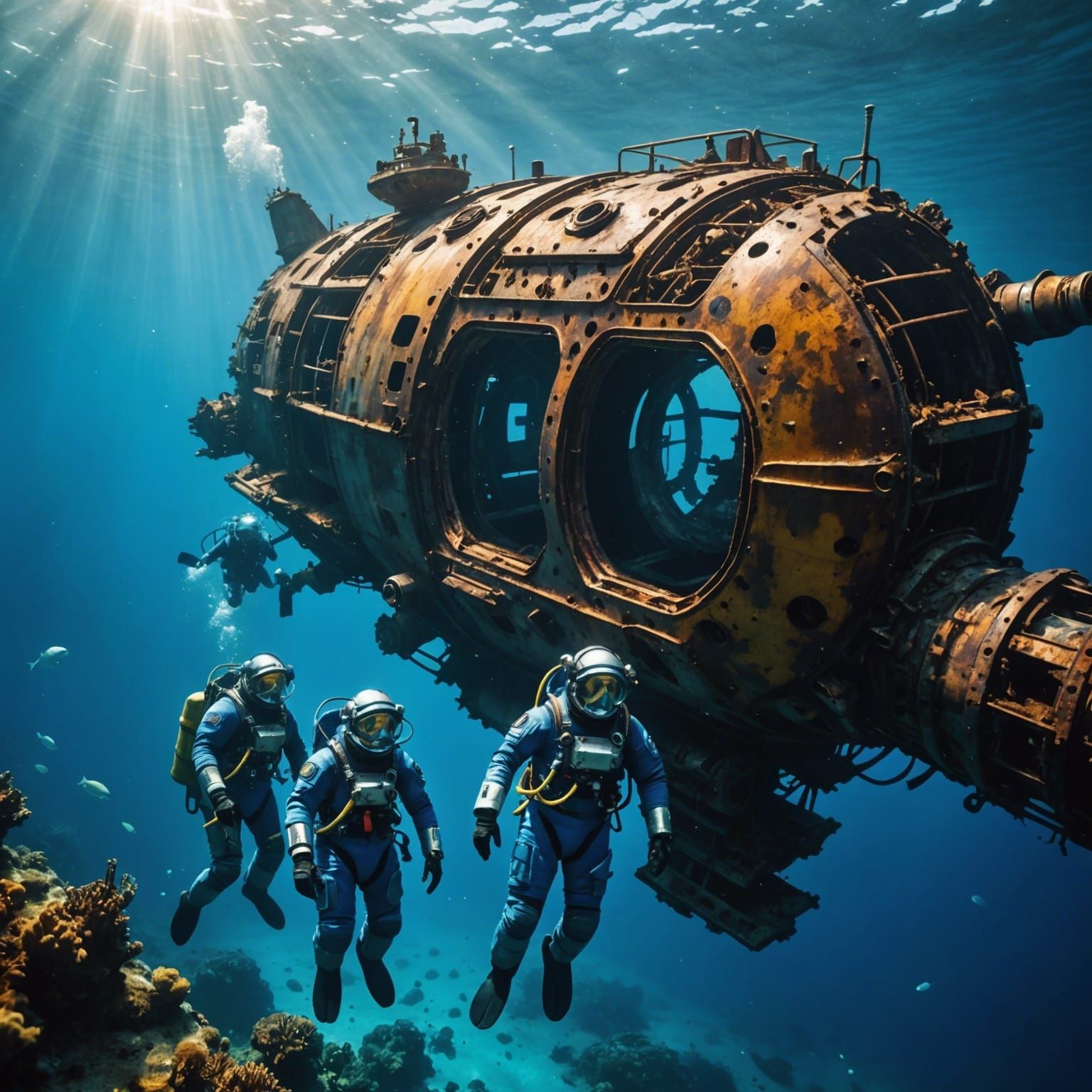 Divers Explore Sunken Spaceship Wreckage