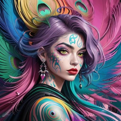 Graffiti Art: Woman with Peacock Feather Hair
