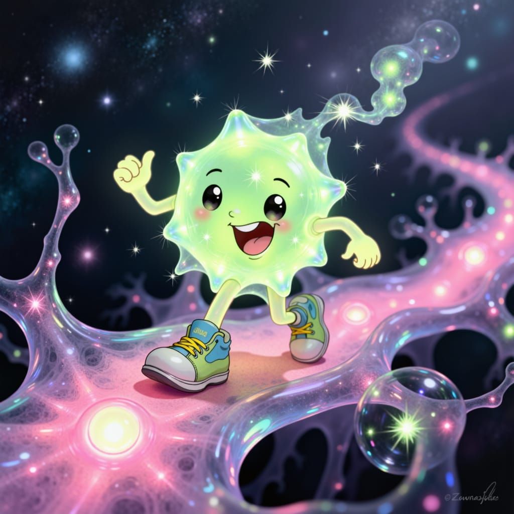 Cute Chibi Dopamine Molecule Running on Neuron