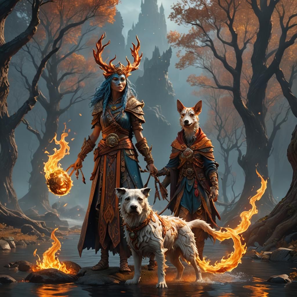 Water Genasi Druid with Flame Dog: Fantasy Art