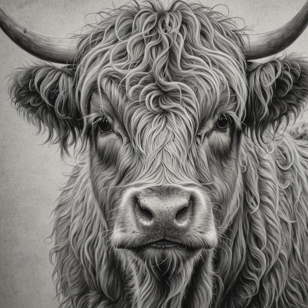 Hyperdetailed Charcoal Drawing of a Highland Cow