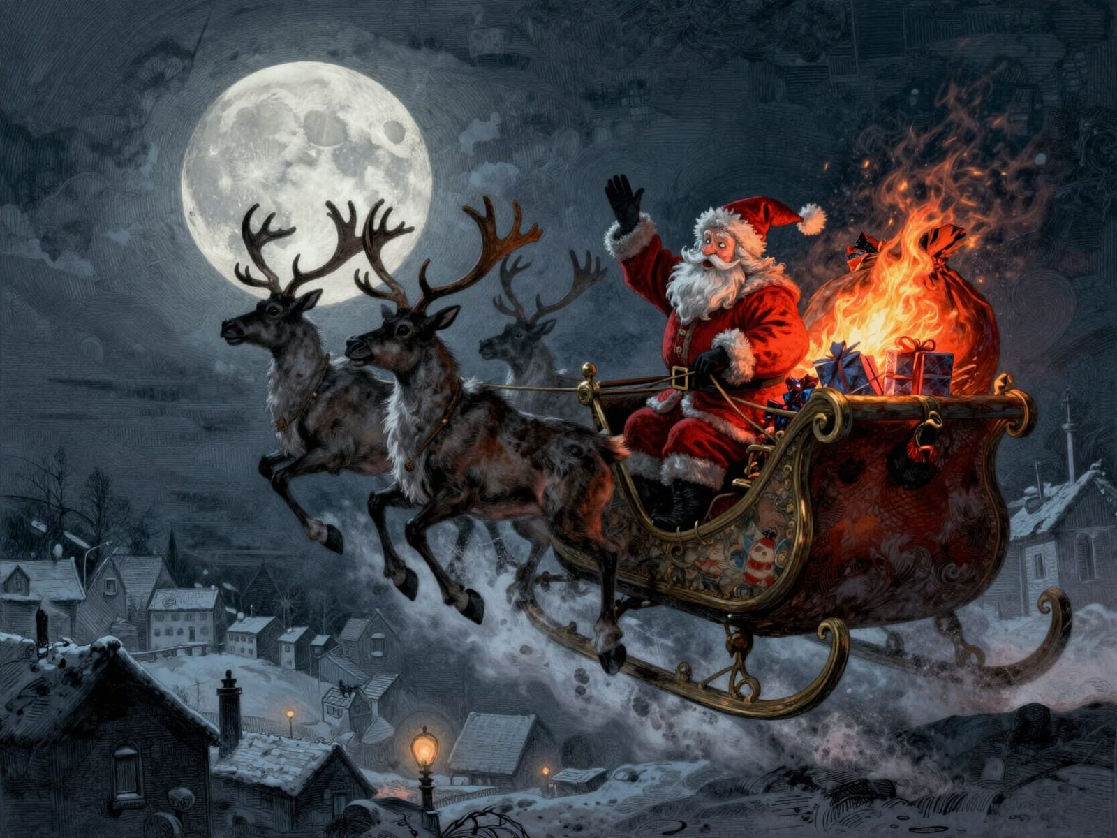 Santa's Sleigh Soars Over Snowy Town Under Giant Moon