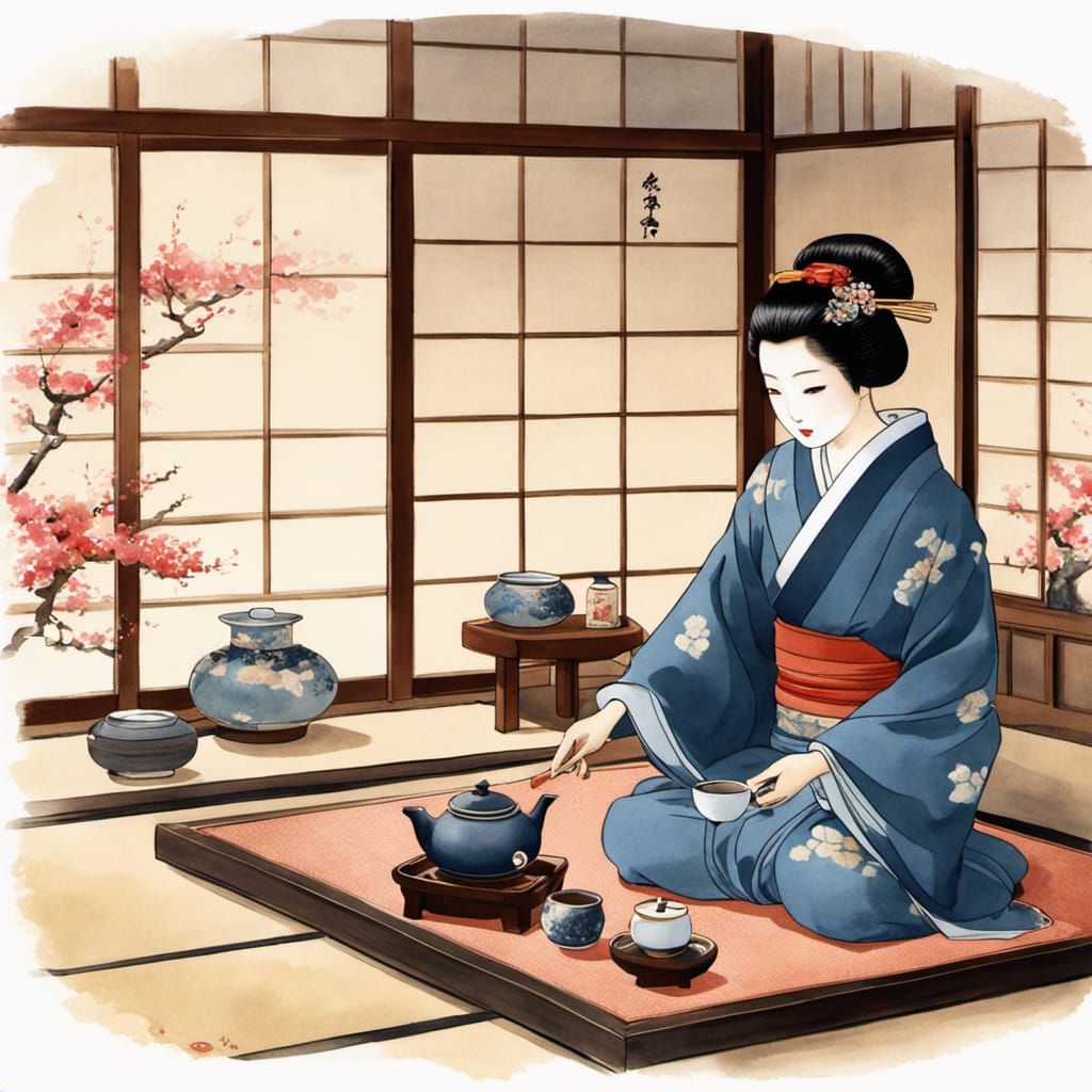 Japanese Tea Ceremony: A Digital Watercolor Illustration