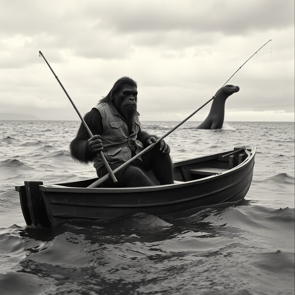 Majestic Bigfoot Fisherman in a Stormy Ocean Landscape
