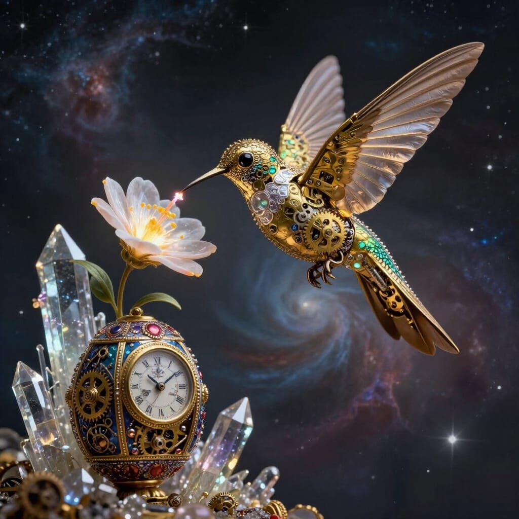 Steampunk Mechanical Hummingbird Sips Nectar from Biolumines...