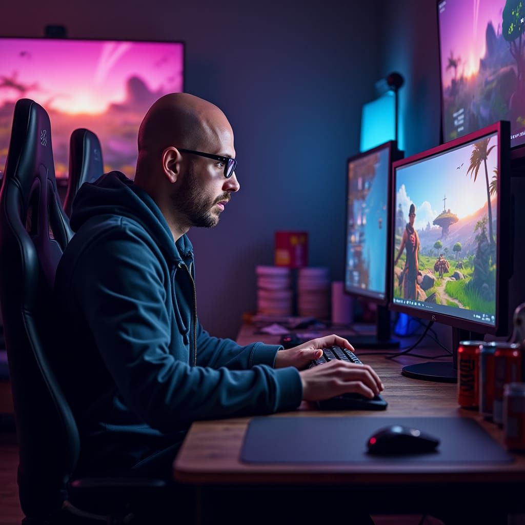 Gamer in Intense Fortnite Battle Royale