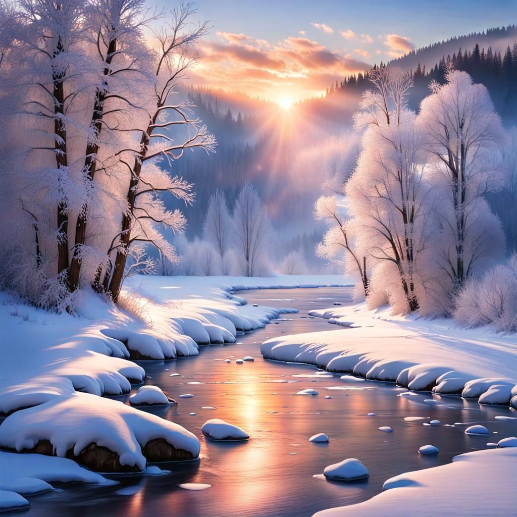 Serene Winter Riverscape with Snow-Clad Trees