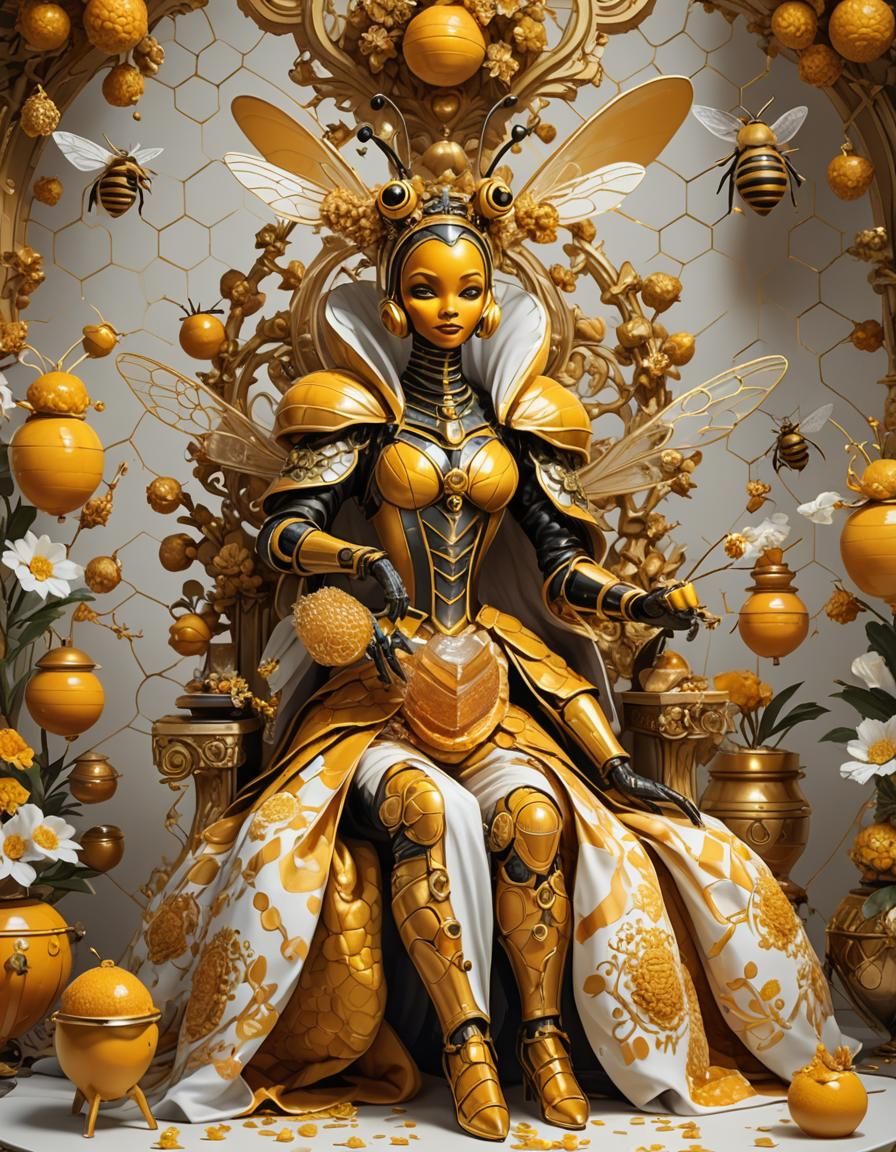 Anthropomorphic Queen Bee on Throne, Dark Fantasy Art