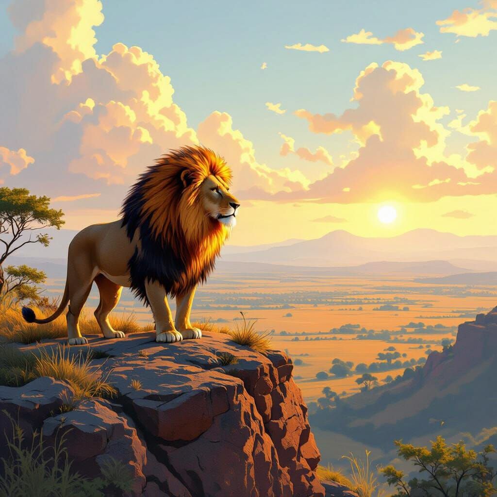 Lion with Fiery Mane Overlooking Savannah in Hyperrealism