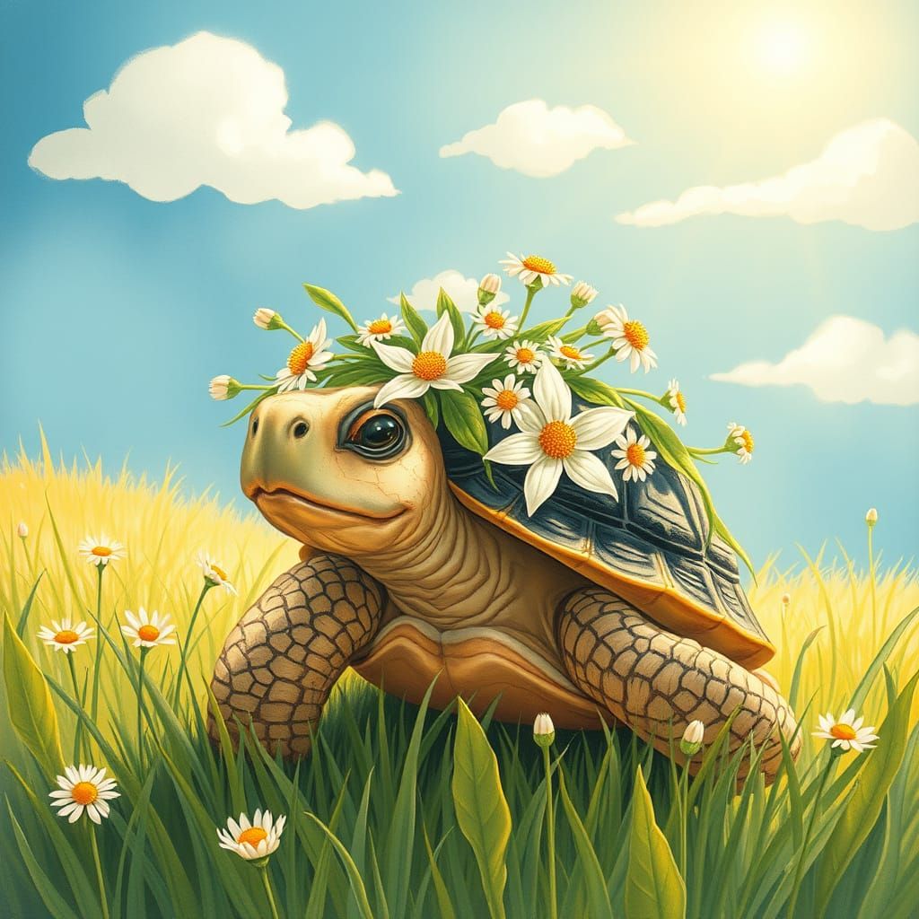 Tortoise wearing lily and daisy flower crown. Background blue sky, sunny, and fluffy clouds